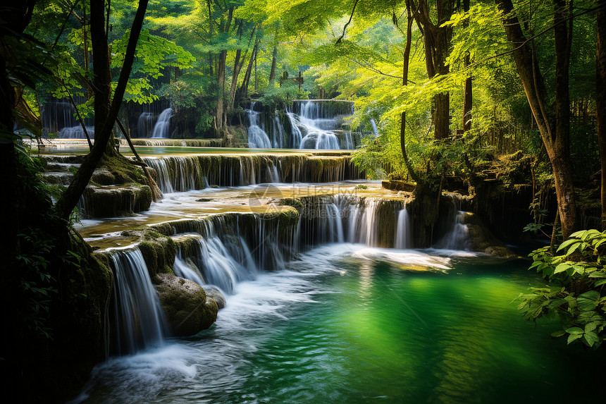 绿水飞瀑的森林图片