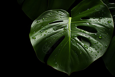 水滴点缀下的绿叶背景图片