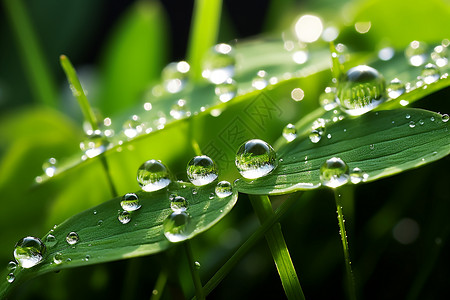 清晨绿叶上的水滴背景图片