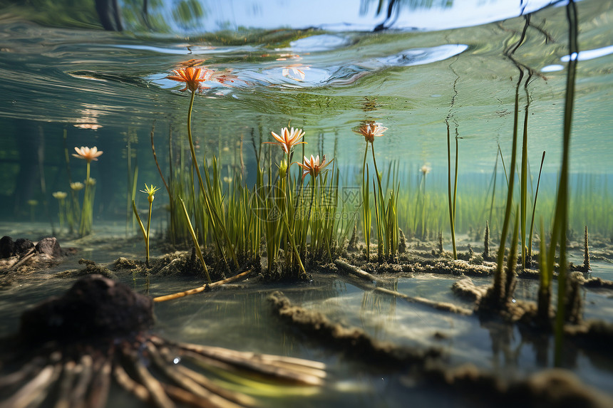 水下盛开的绿植花朵图片