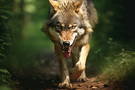 黑山狼奔驰于森林中背景图片