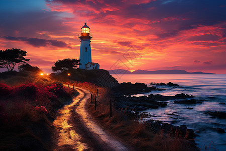 黄昏下的海洋灯塔背景图片