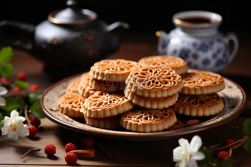 托盘上的美味月饼图片