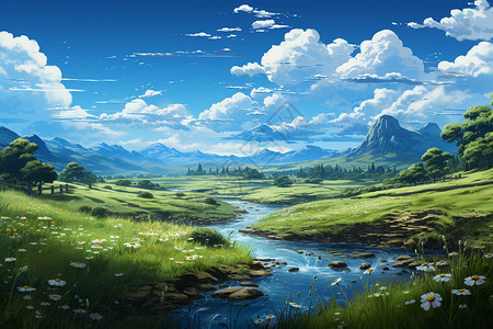 草原流水美丽的草原河流插画