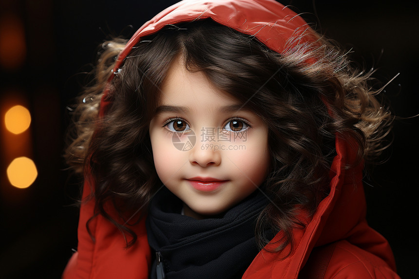 红色夹克的可爱女孩图片