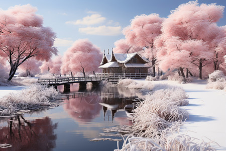 冬日湖边的漂亮花朵背景图片
