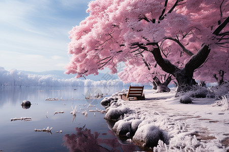 户外湖边盛开的粉色花朵背景图片