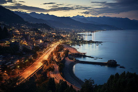 夜幕下的海滨城市背景图片