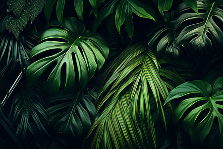 棕榈扇叶翠绿丛林中绿叶背景