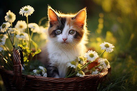 夏日花篮中的小猫背景图片