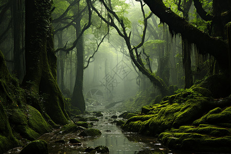 雨林植被翠绿丛林中的溪流背景
