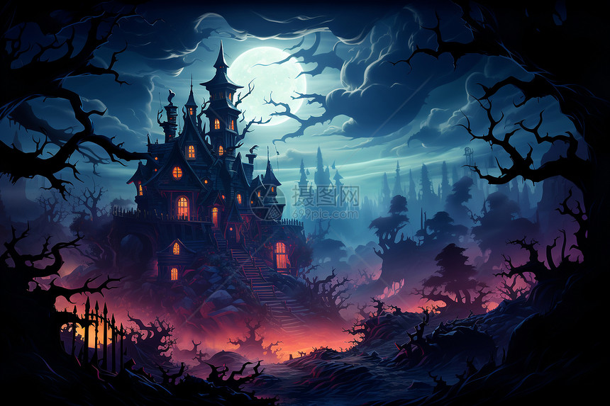 夜晚森林中的阴森城堡图片