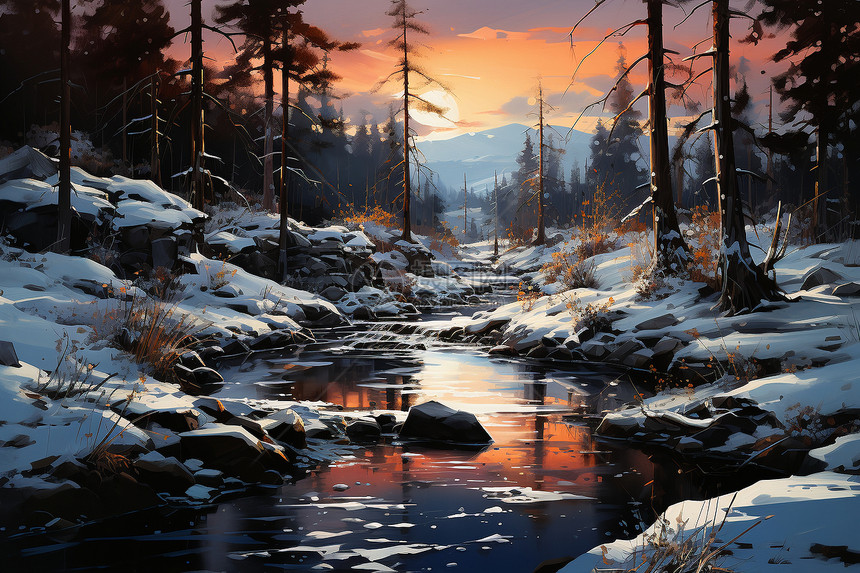 夕阳下冬日森林的河流图片