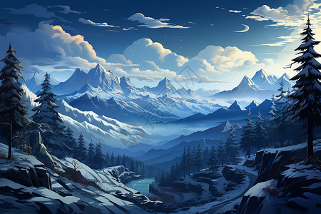 雪山上的树木背景图片