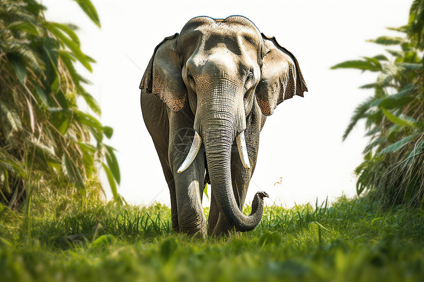 大象在阳光明媚的日子里穿过田野图片