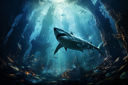 海底游曳的鲨鱼背景图片