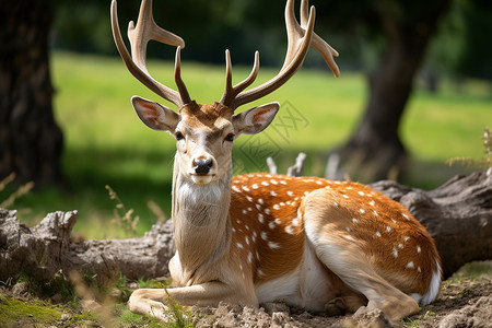 草地上躺着的梅花鹿背景图片