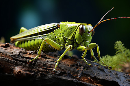 绿色蝗虫栖息在树枝上高清图片