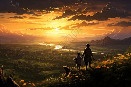 日落时分山坡上的两个人背景图片