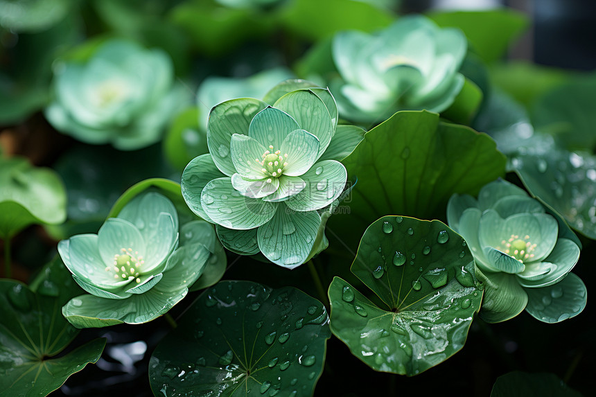 莲叶上的水珠和花朵图片