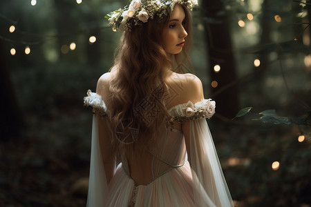 传说中的精灵白色裙装的女子站在森林中背景