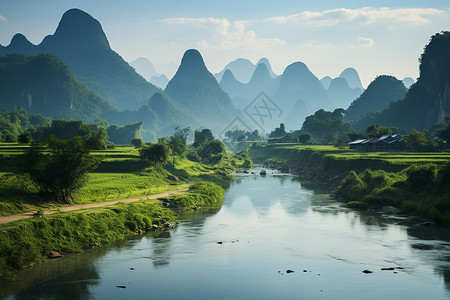 村庄森林美丽的自然风景背景