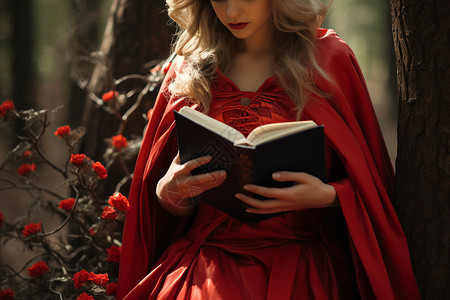 女孩在森林里穿着红斗篷背景图片