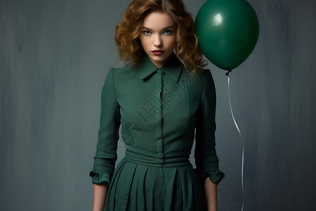绿裙女子手持绿气球背景图片
