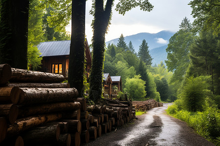 静谧林间的木屋住宅背景图片