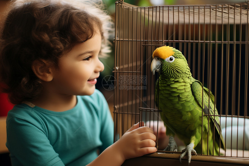 小男孩和笼子中的鹦鹉图片