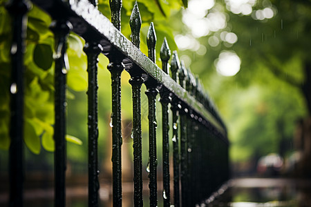 栅栏上的雨水背景图片