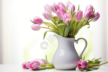 粉色插图装满粉色花朵的白花瓶背景