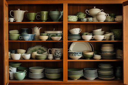 充满碗盘杯具的木制橱柜背景图片
