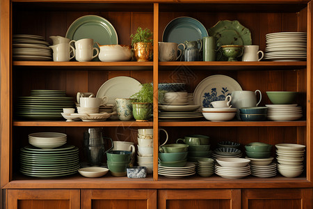 陶瓷碗碟木质橱柜摆满了碗碟背景