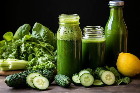 瓶装蔬菜汁绿色冰沙高清图片