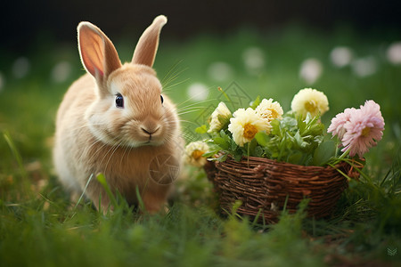 拿着花束兔子草地上的兔子背景