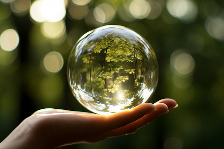 倒映绿树的玻璃球背景图片