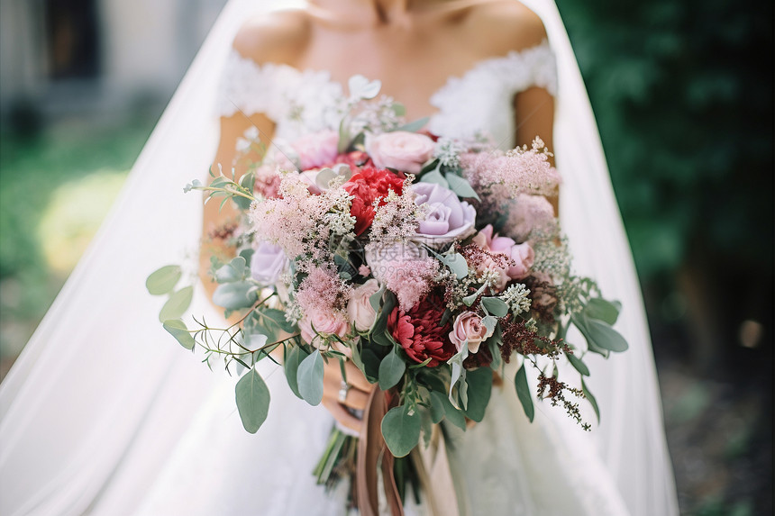 户外新娘手中优雅的花束图片