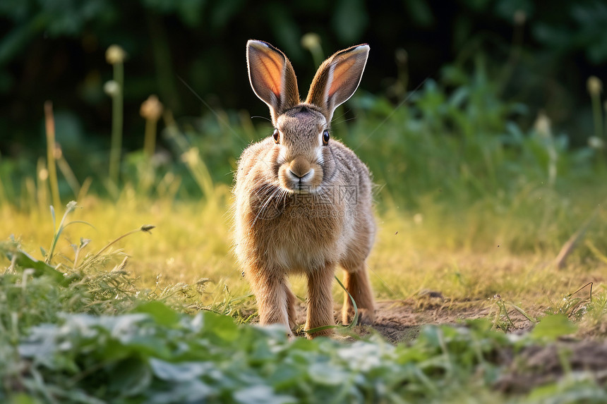 草地上觅食的兔子图片