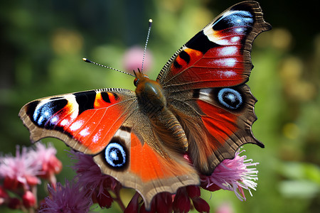 粉红花朵上蓝眼蝴蝶背景图片