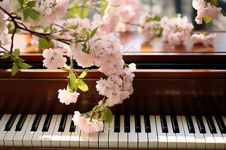 户外钢琴上绽放的美丽樱花背景图片