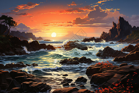 海滩岩石日落奇观崎岖的海滩海岸插图插画