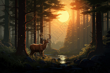 森林中的像素鹿背景图片