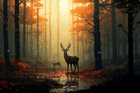 奇妙的森林和鹿背景图片