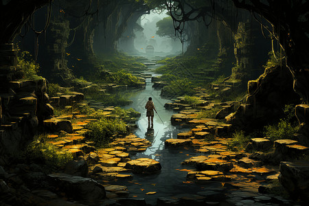 中文标题密林探险士在森林中的奇幻之旅背景图片