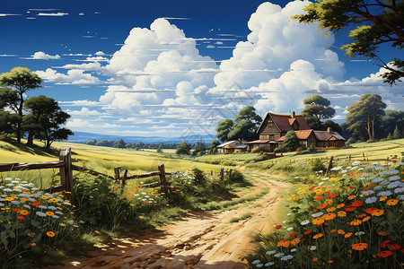 田园风景油画美丽的田园风景插画