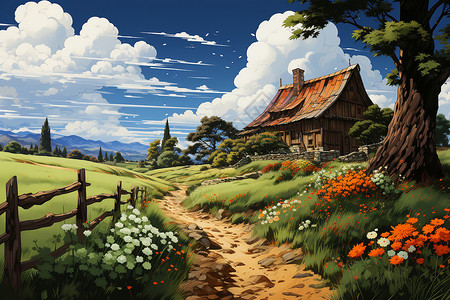 温馨舒适的农舍油画背景图片