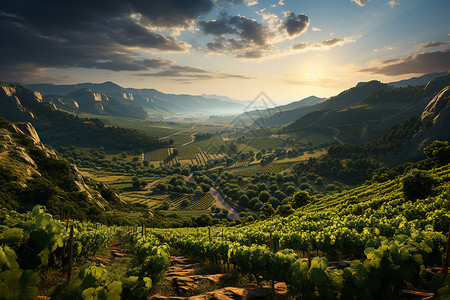 清晨山谷中的葡萄种植果园背景图片