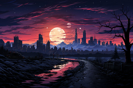 夜幕下的城市建筑景观背景图片