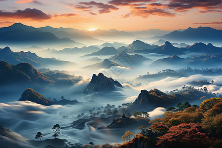 日出山间云海的美丽景观高清图片